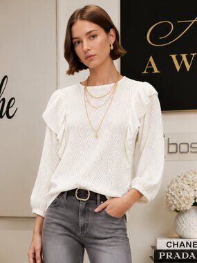 Mango Cream Pointelle Textured Knit Top Layered Ruffle Frill Shoulders S NWT